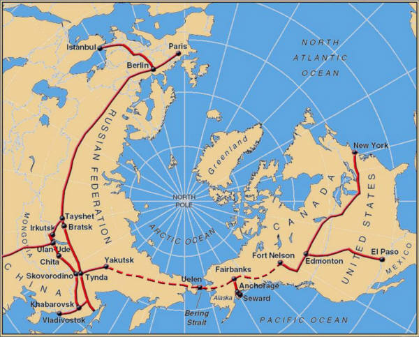Project of the rail link between Eurasia and North America. View from the North Pole.
