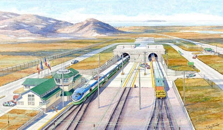Artist's conceptual view of the proposed Bering Strait Railway Tunnel between Wales, Alaska, USA and Uelen, Chukotka, Russia.  