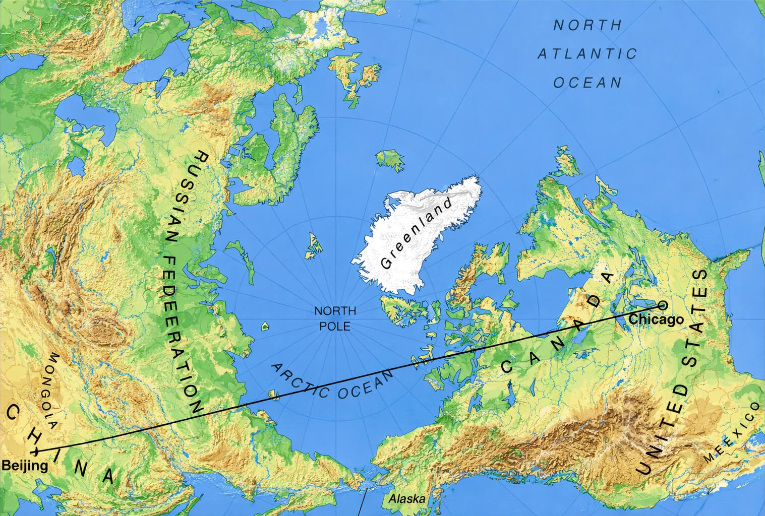 Beijing Chicago straight line map
