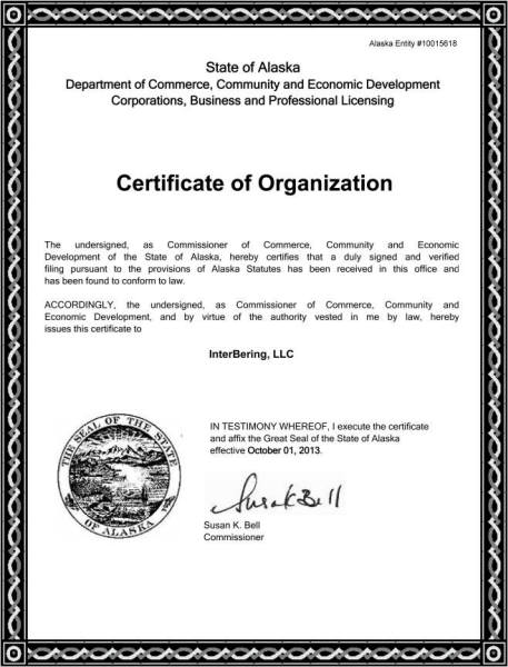 InterBering Certificate of Organization (Alaska 2013)
