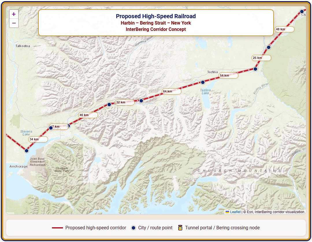 Zoomed Alaska section of the proposed high-speed railroad from Port McKenzie near Anchorage to Chistochina